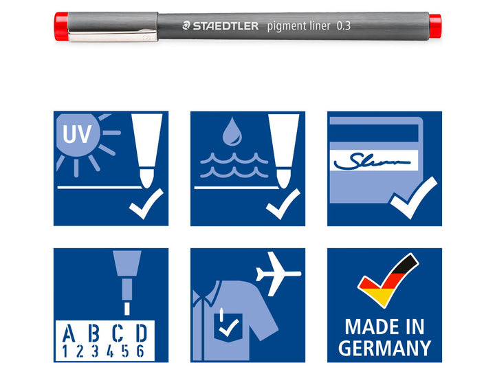 STAEDTLER pigment liner 308 features showing UV resistance, waterproof ink, document proof writing and made in Germany