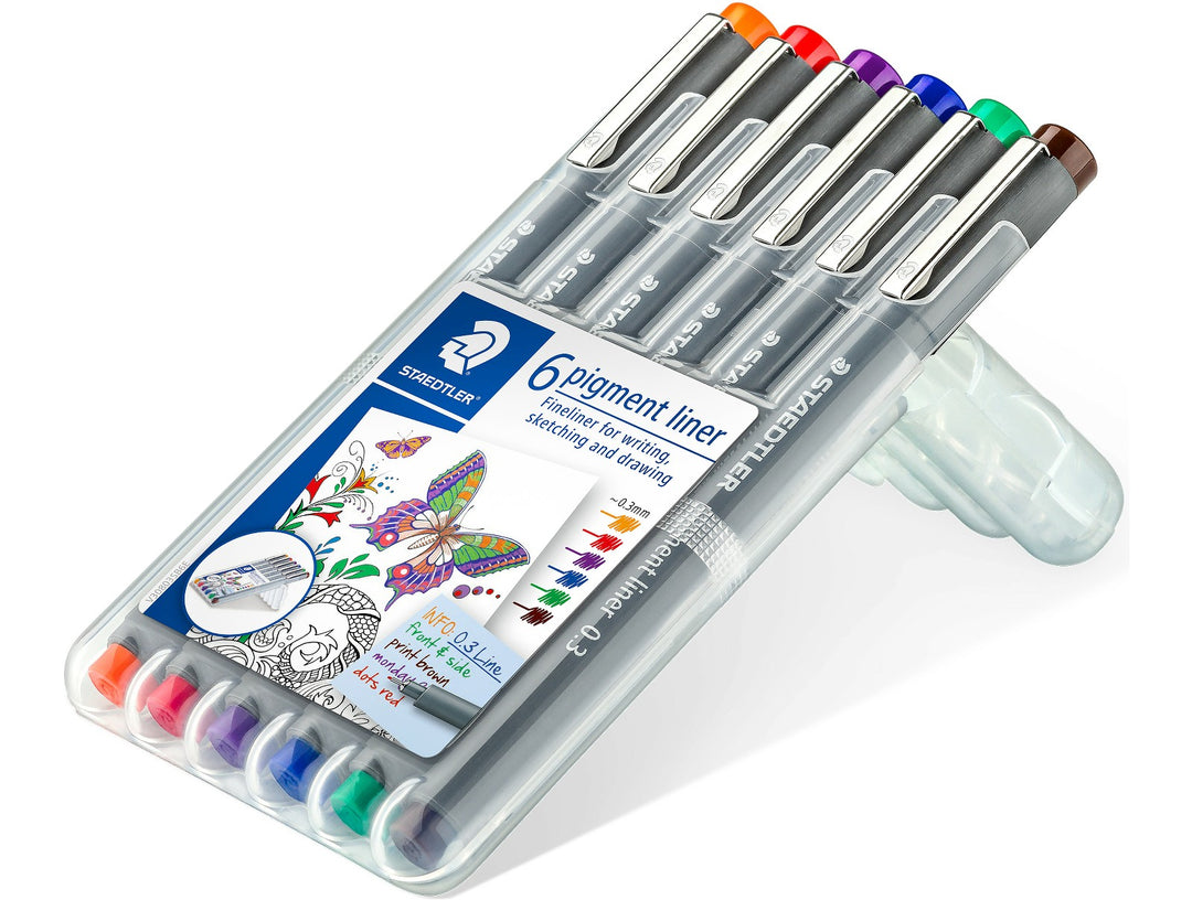 STAEDTLER pigment liner 308 assorted colour set pack of 6 in angled plastic case packaging