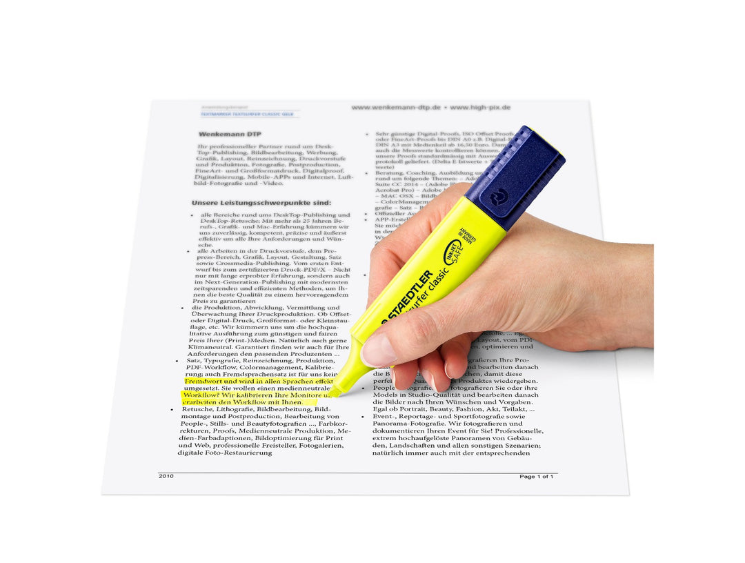 STAEDTLER Textsurfer Classic 364 yellow highlighter marking text on paper showing clear readable highlight