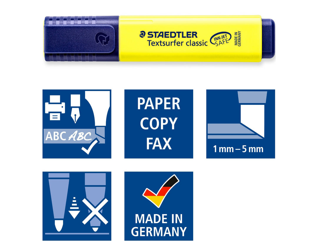 STAEDTLER Textsurfer Classic 364 yellow highlighter chisel tip with features including paper use, 1–5 mm line width and German manufacturing