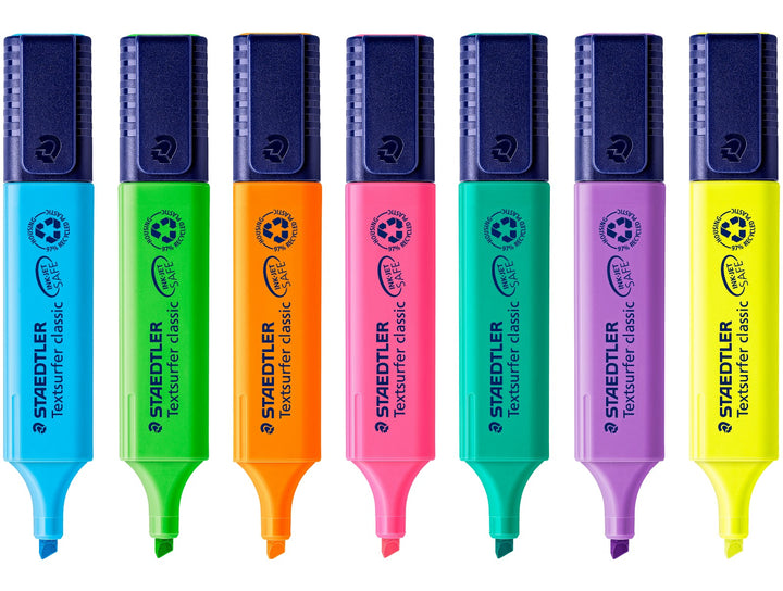 STAEDTLER Textsurfer Classic 364 highlighter set with caps off showing all colours and chisel tip design in vertical layout