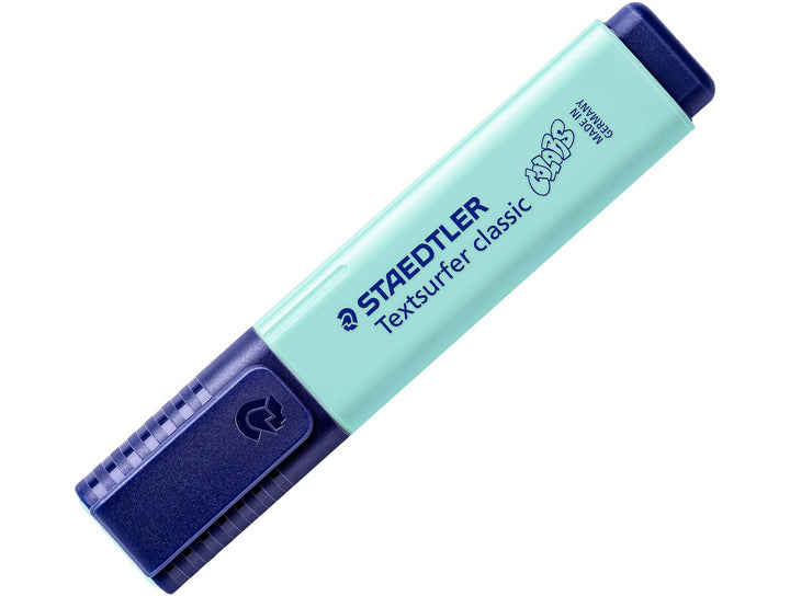 STAEDTLER Textsurfer pastel turquoise highlighter chisel tip marker with cap on close-up angled view