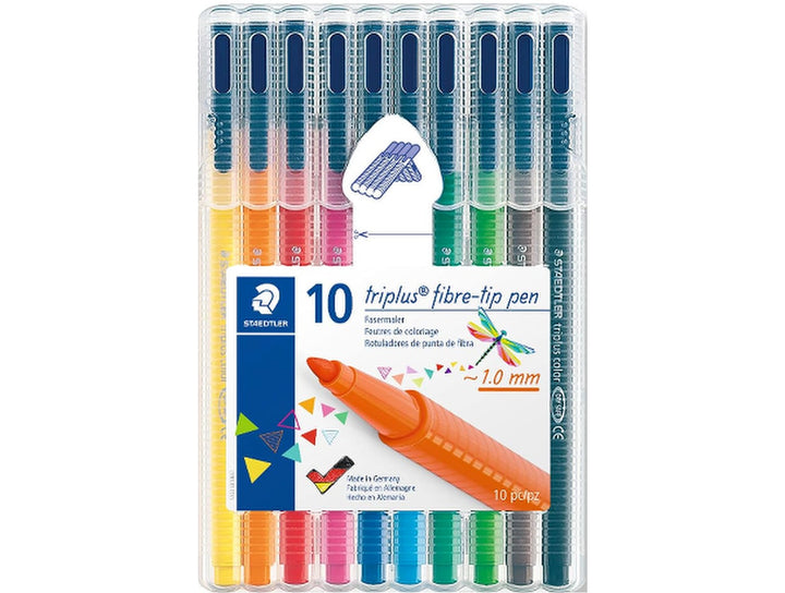 STAEDTLER Triplus Color 323 fibre-tip pens 10 pack assorted colours with approx 1.0 mm line in retail packaging