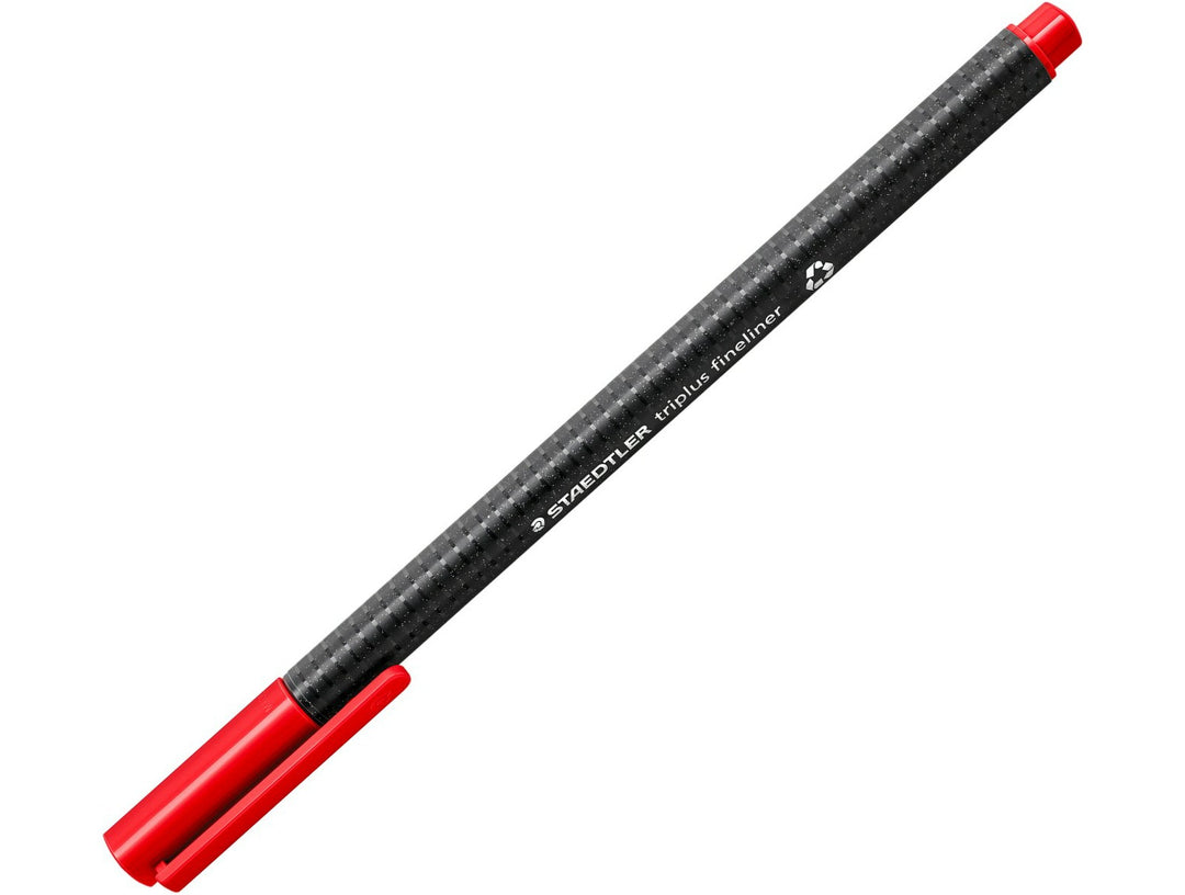 STAEDTLER Triplus Fineliner 334 red fine tip writing pen with ergonomic triangular barrel and cap detail