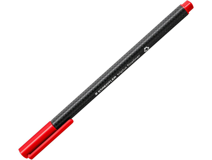 STAEDTLER Triplus Fineliner 334 red fine tip writing pen with ergonomic triangular barrel and cap detail