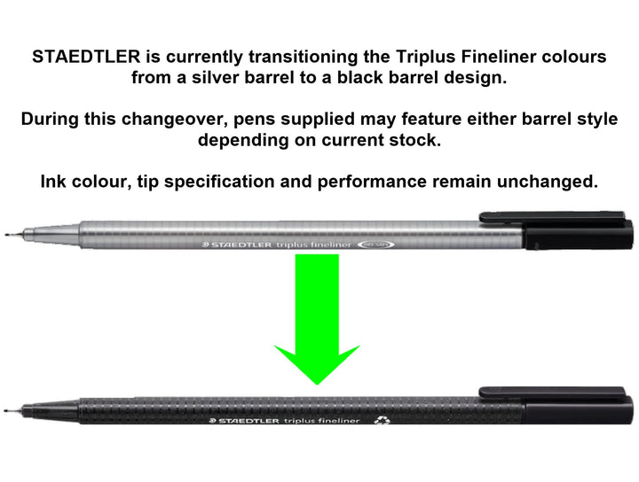 STAEDTLER Triplus Fineliner 334 comparison image showing silver and black barrel versions during product design transition