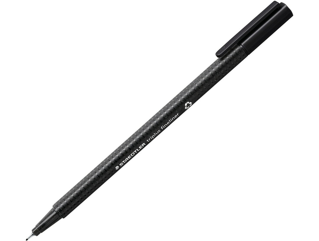 STAEDTLER Triplus Fineliner 334 black fine tip writing pen with ergonomic triangular barrel and cap on