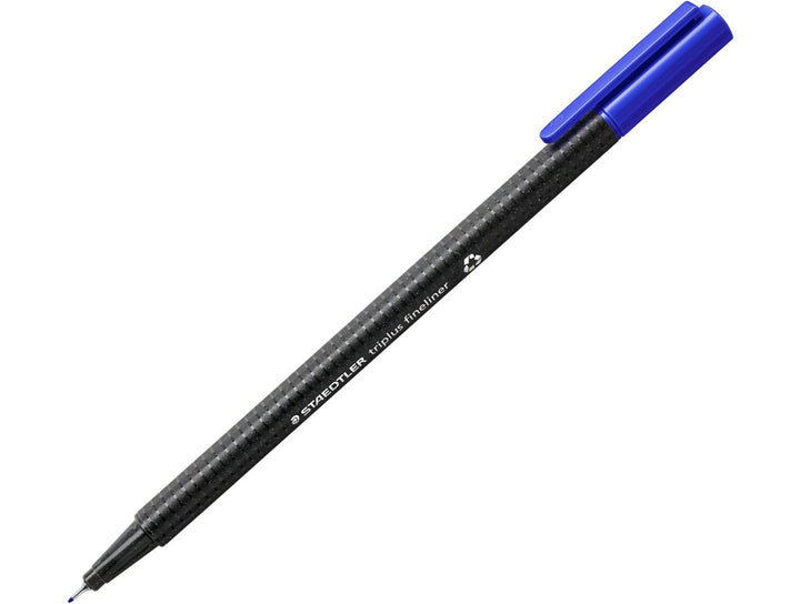STAEDTLER Triplus Fineliner 334 blue fine tip writing pen with ergonomic triangular barrel and cap on