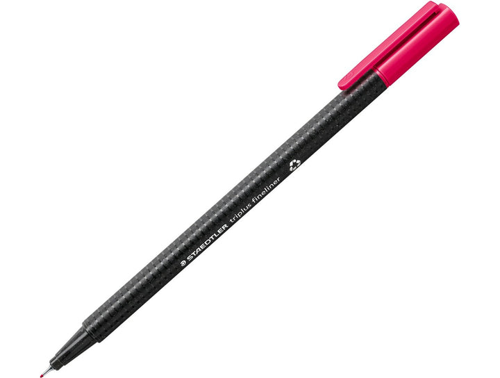 STAEDTLER Triplus Fineliner 334 bordeaux red fine tip writing pen with ergonomic triangular barrel and cap on