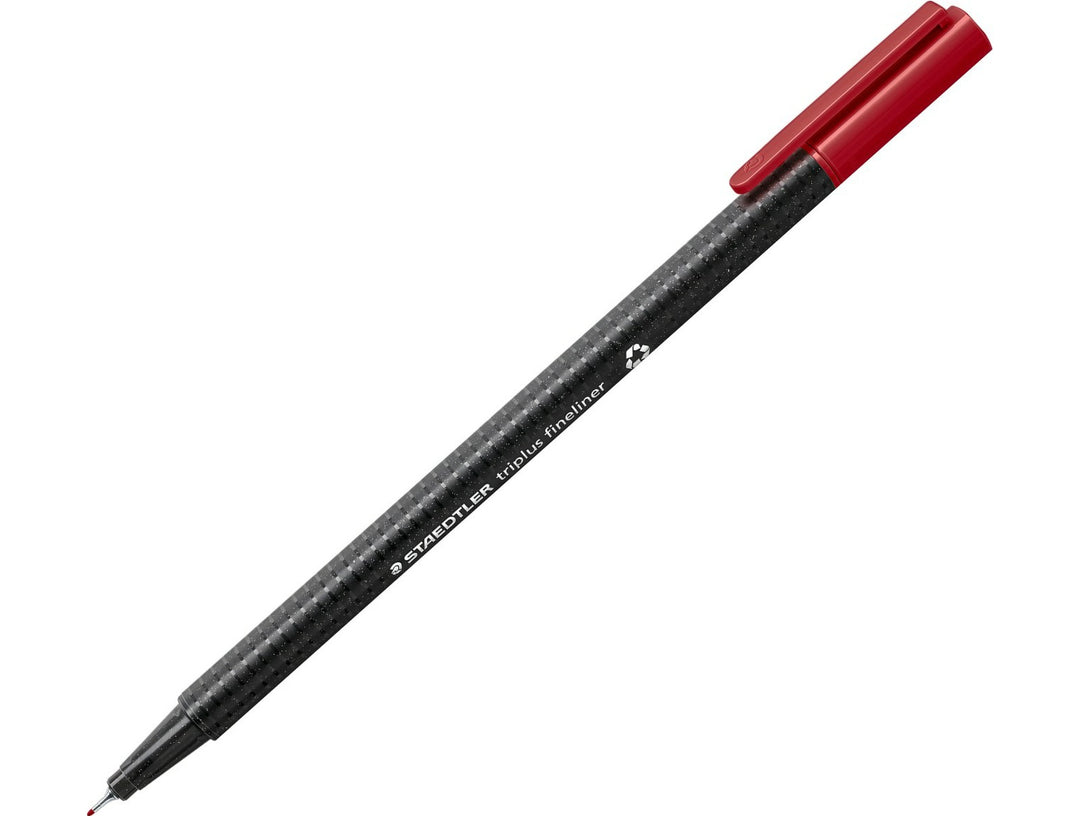 STAEDTLER Triplus Fineliner 334 carmine red fine tip writing pen with ergonomic triangular barrel and cap on