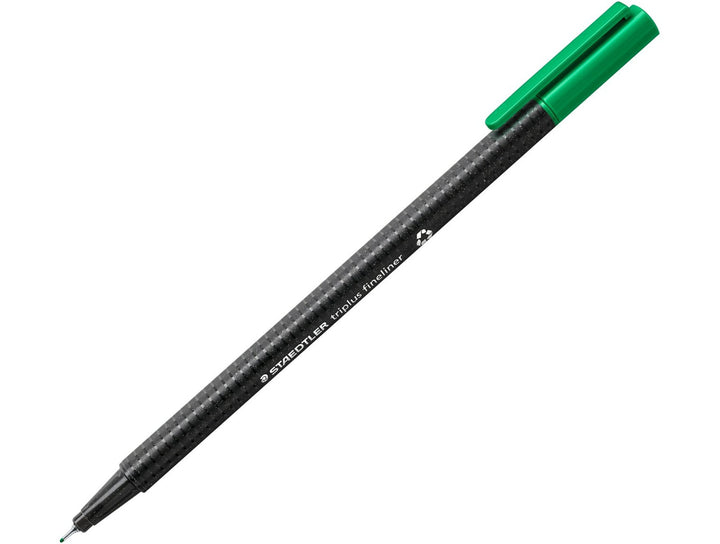 STAEDTLER Triplus Fineliner 334 green fine tip writing pen with ergonomic triangular barrel and cap on