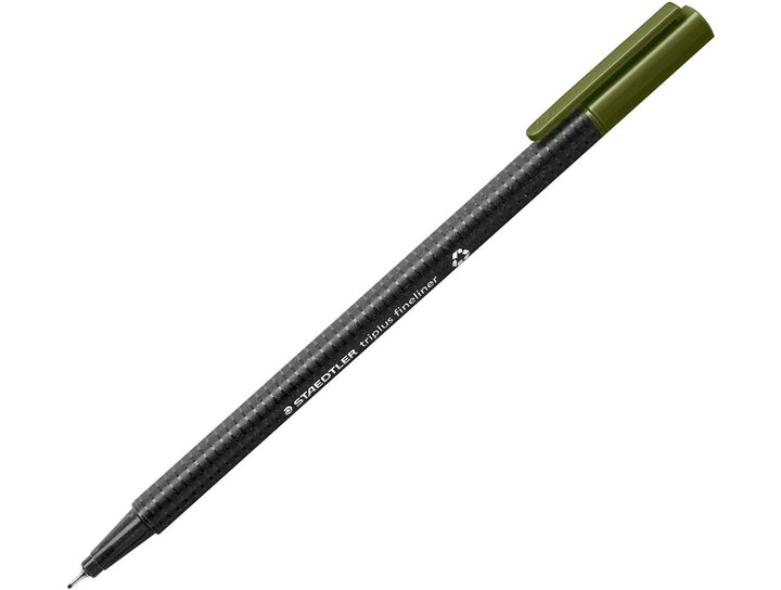 STAEDTLER Triplus Fineliner 334 olive green fine tip writing pen with ergonomic triangular barrel and cap on