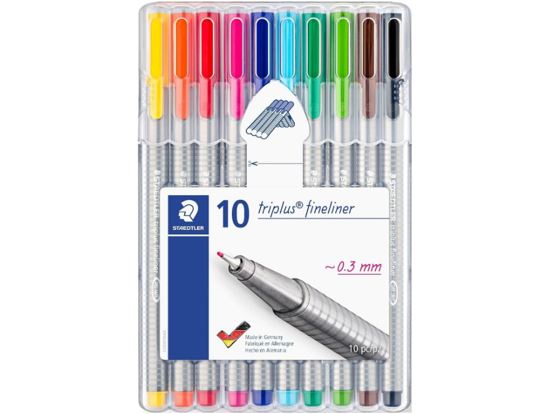 STAEDTLER triplus fineliner 334 assorted colour set pack of 10 in stand-up case front view