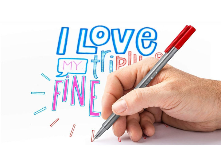 STAEDTLER triplus fineliner 334 red pen writing colourful lettering and drawing on paper
