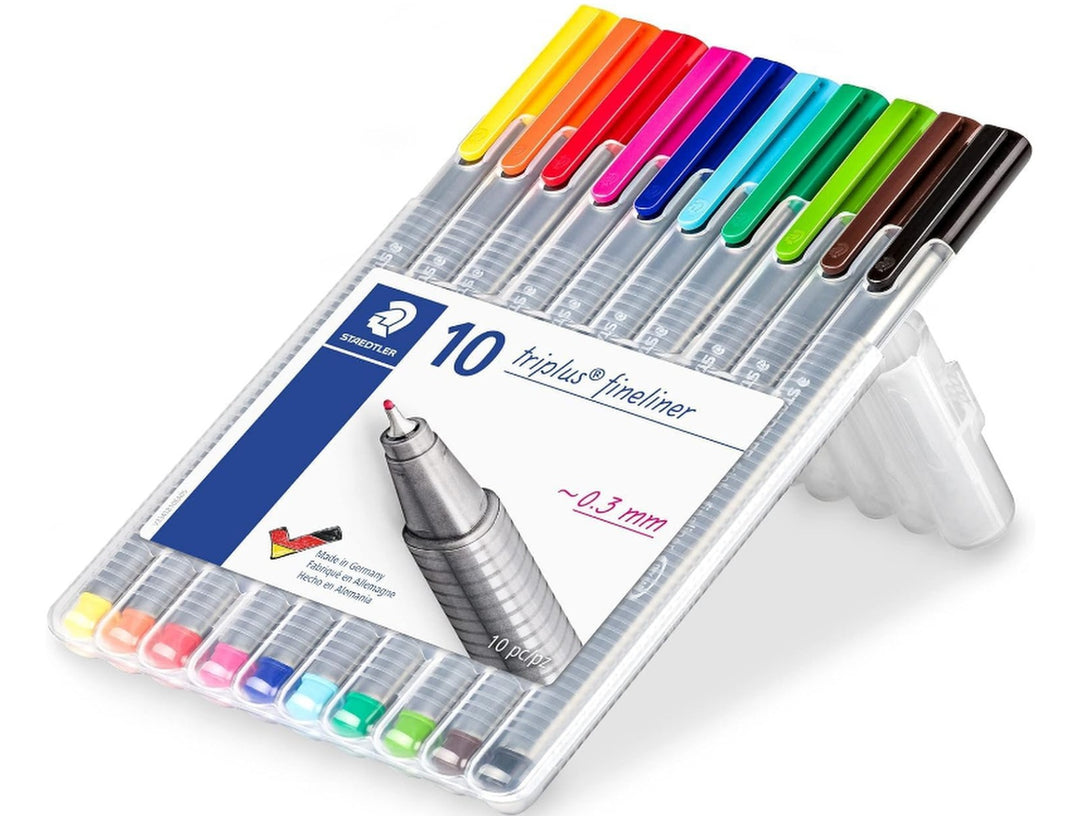 STAEDTLER triplus fineliner 334 assorted colour set pack of 10 in open stand-up case