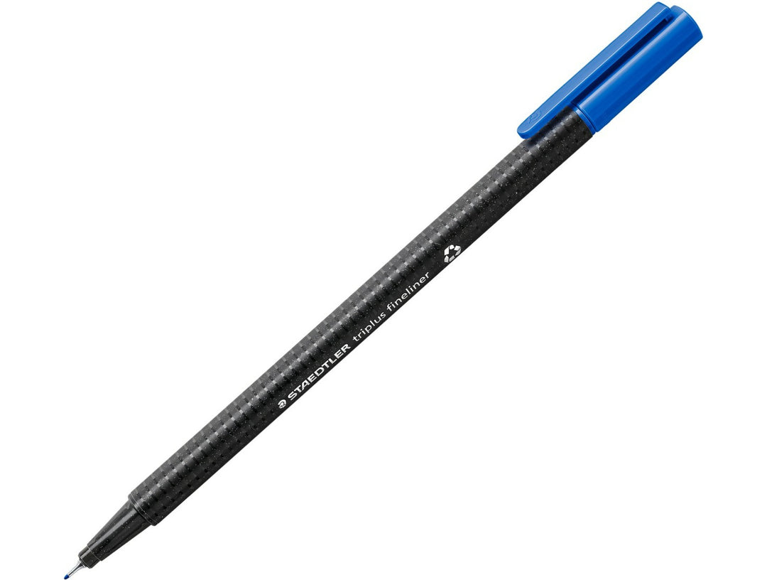 STAEDTLER Triplus Fineliner 334 ultramarine blue fine tip writing pen with ergonomic triangular barrel and cap on