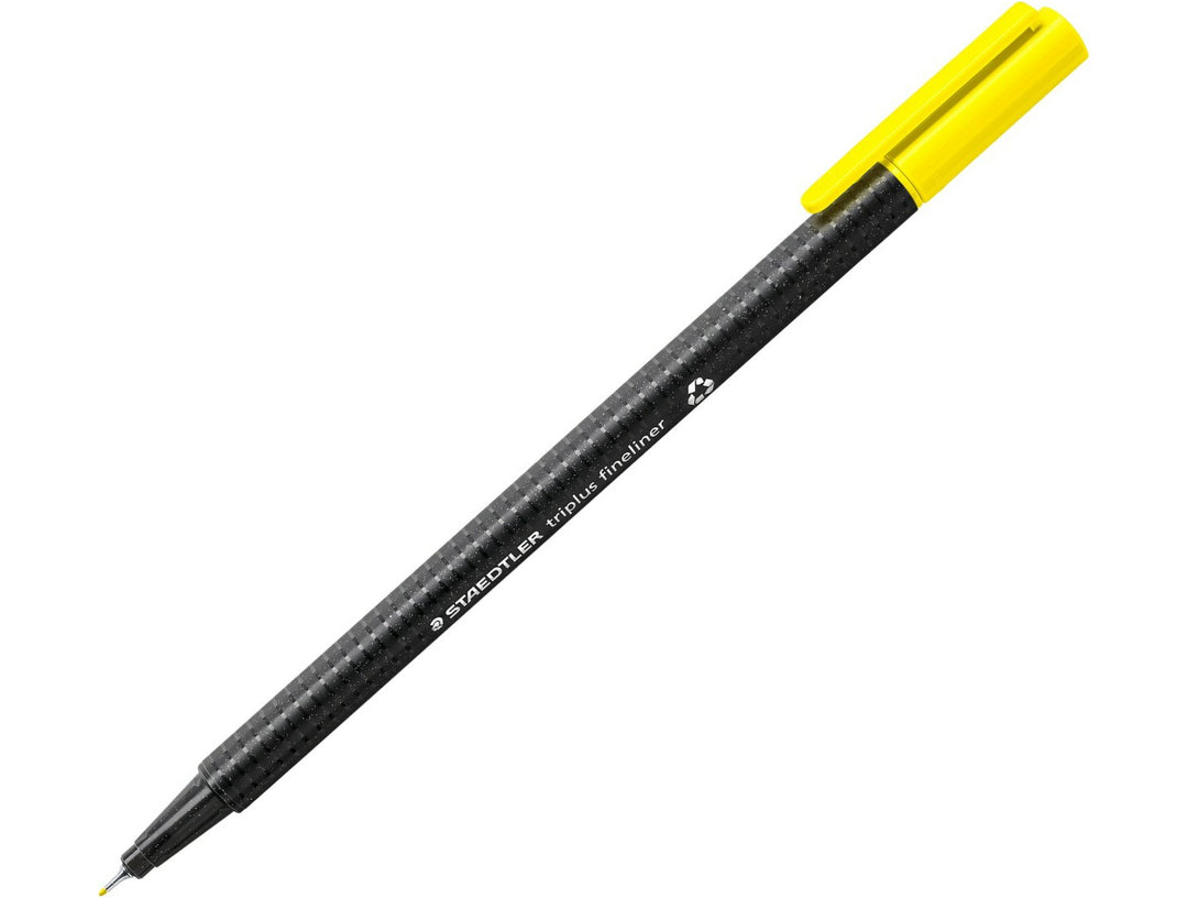 STAEDTLER Triplus Fineliner 334 yellow fine tip writing pen with ergonomic triangular barrel and cap on