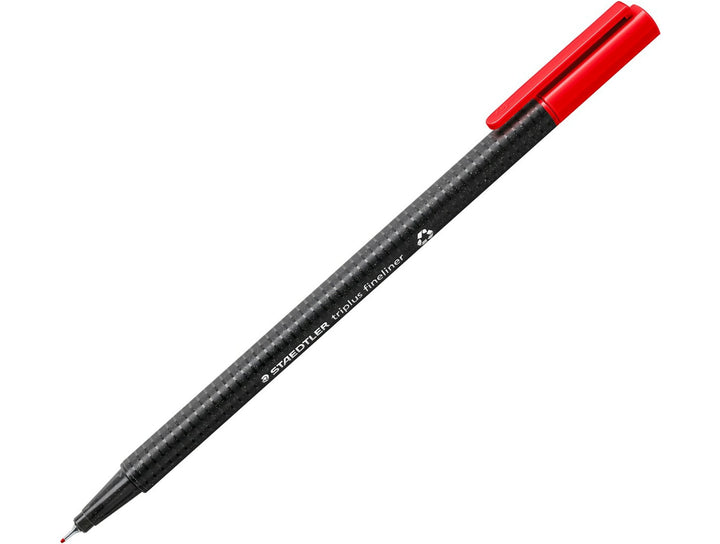 STAEDTLER Triplus Fineliner 334 red fine tip writing pen with ergonomic triangular barrel and cap on