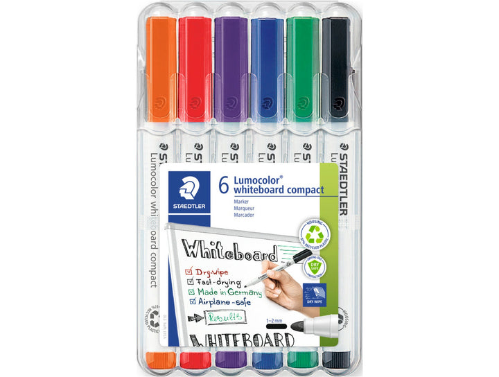 STAEDTLER Lumocolor 341 whiteboard marker set assorted colours pack of 6 in wallet packaging front view