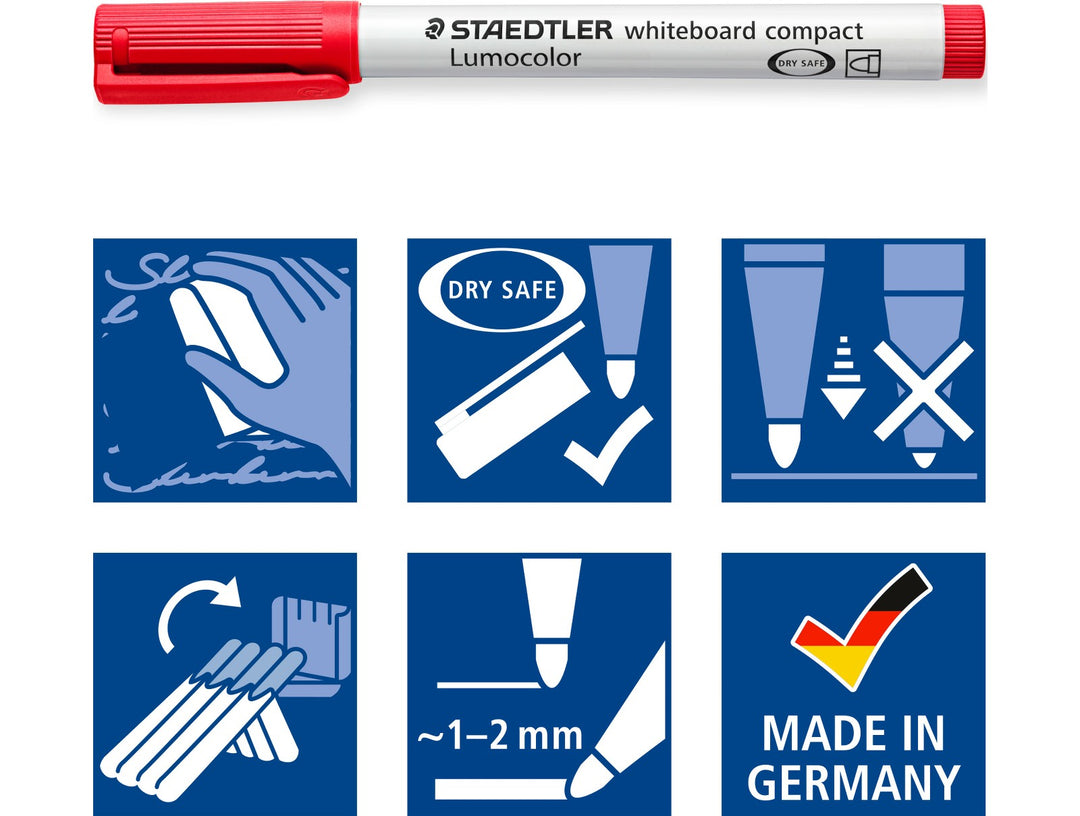 STAEDTLER Lumocolor 341 whiteboard marker features showing dry safe ink, wipe clean performance, line width and made in Germany