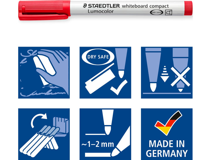 STAEDTLER Lumocolor 341 whiteboard marker features showing dry safe ink, wipe clean performance, line width and made in Germany