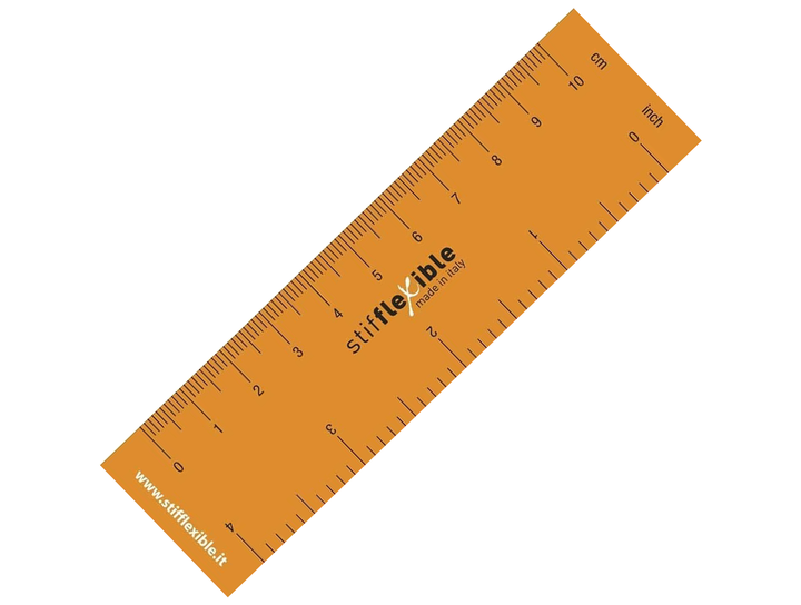Stifflex flexible ruler in orange with centimetre and inch measurement markings shown diagonally