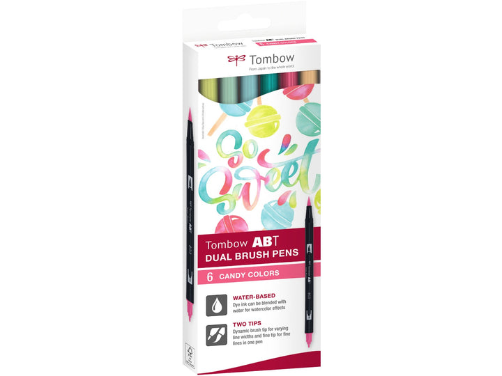 Tombow ABT Dual Brush Pen Candy Colours Set of 6 in original retail packaging, featuring Lemon Lime (131), Alice Blue (291), Aqua (401), Bright Blue (403), Pink Punch (803) and Opal (910), with dual brush and fine tips for hand lettering, colouring, journaling, illustration and creative projects.