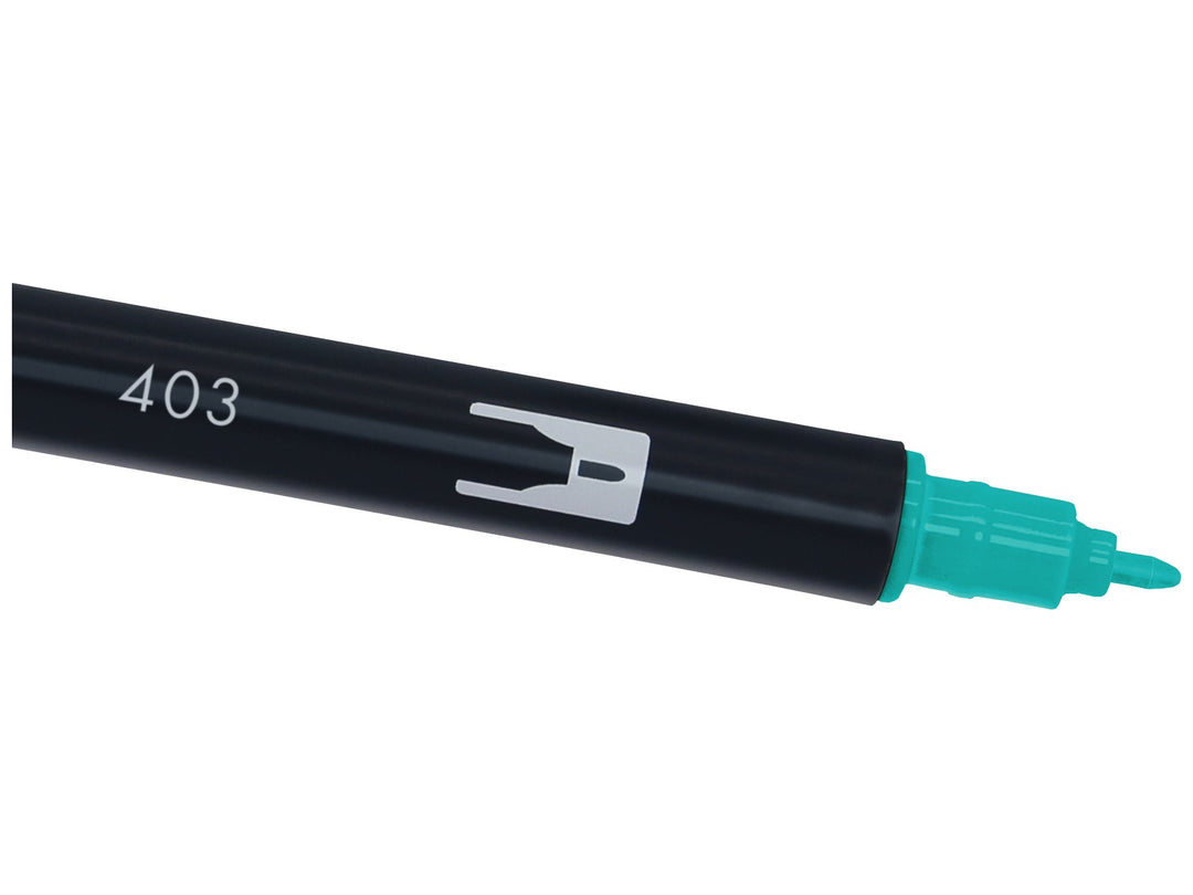 Close-up of the fine bullet tip on a Tombow ABT Dual Brush Pen in Bright Blue (403), designed for precise lines, outlines, lettering details, journaling, illustration and creative artwork.
