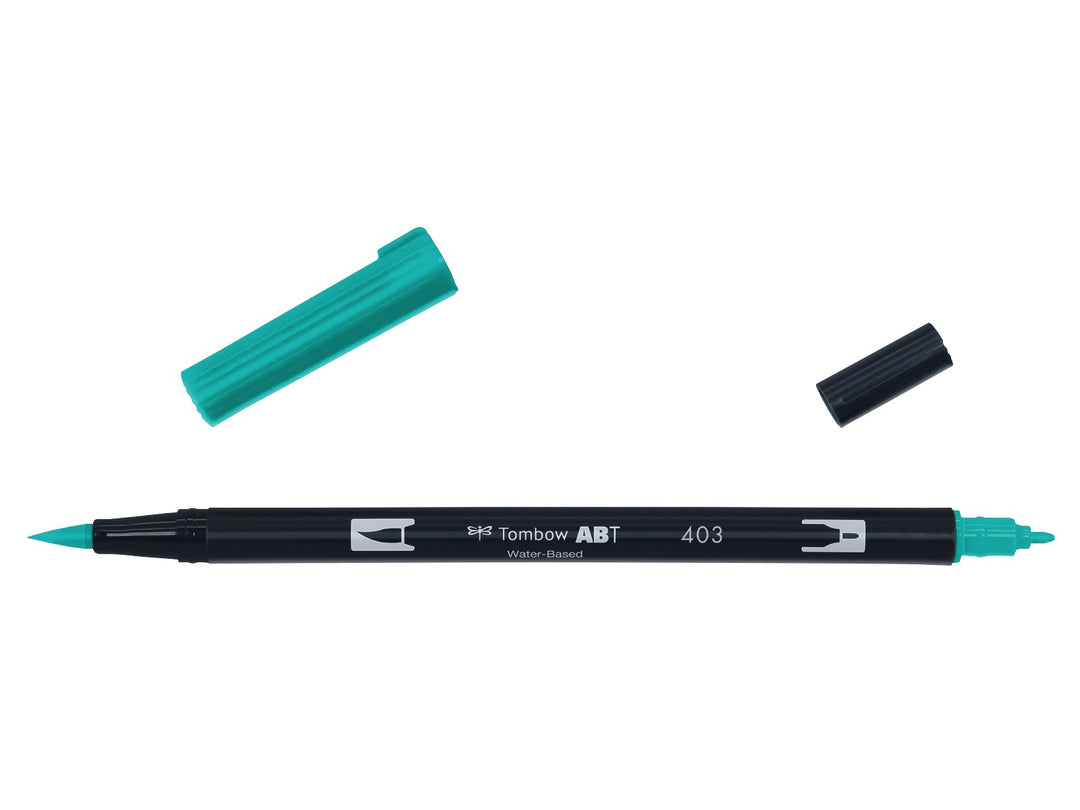 Tombow ABT Dual Brush Pen in Bright Blue (403) displayed with both caps removed, showing the flexible brush tip and fine bullet tip for hand lettering, illustration, colouring, journaling and watercolour-style effects.