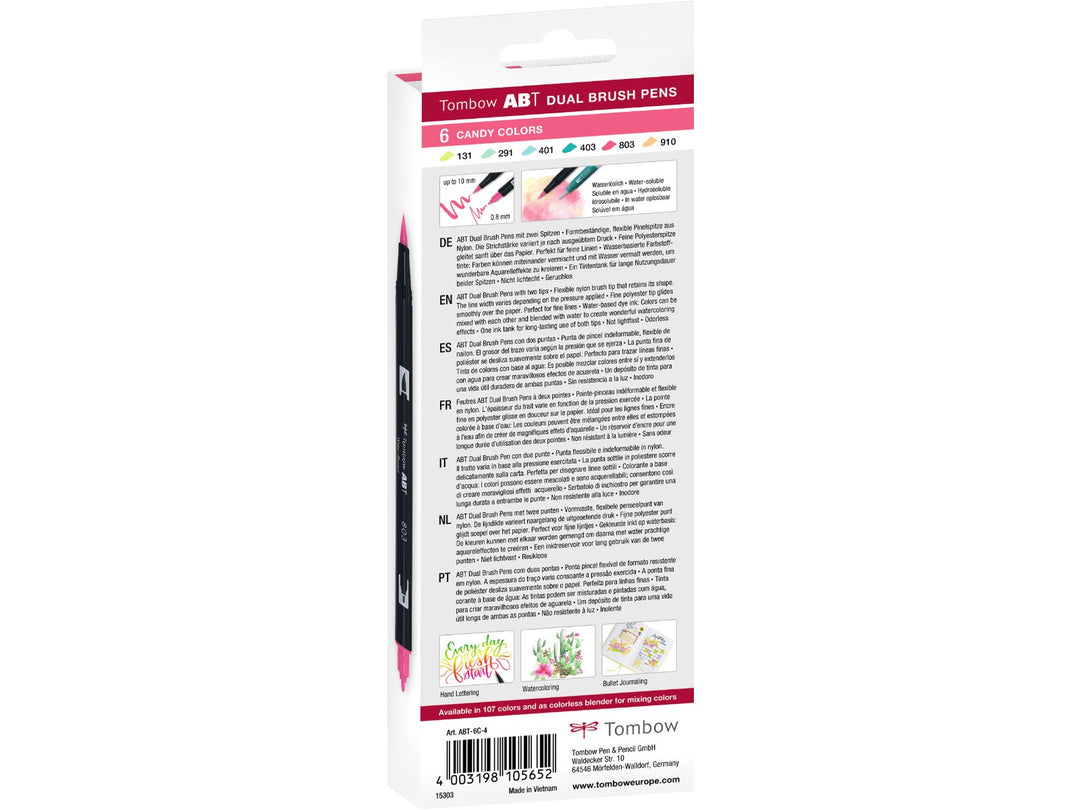 Rear of Tombow ABT Dual Brush Pen Dermatologically Tested Colours Set of 6 packaging showing included colour assortment, dual-tip illustrations, product information, creative artwork examples and barcode details.