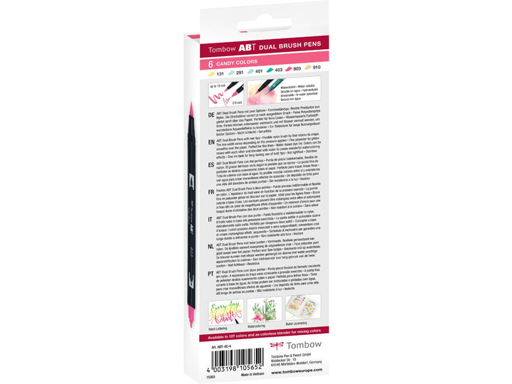Rear of Tombow ABT Dual Brush Pen Dermatologically Tested Colours Set of 6 packaging showing included colour assortment, dual-tip illustrations, product information, creative artwork examples and barcode details.