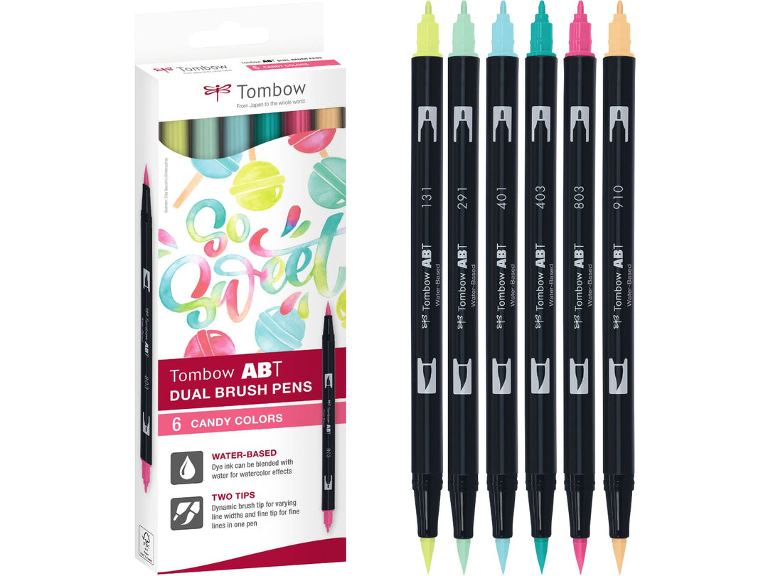 Tombow ABT Dual Brush Pen Candy Colours Set of 6 featuring Lemon Lime (131), Alice Blue (291), Aqua (401), Bright Blue (403), Pink Punch (803) and Opal (910), displayed alongside the original retail packaging with dual brush and fine tips for hand lettering, colouring, journaling, illustration and creative projects.