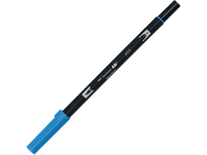 Tombow ABT Dual Brush Pen in Reflex Blue (493) with dual-tip design, featuring a flexible brush tip and fine bullet tip for hand lettering, illustration, colouring, journaling and watercolour-style effects.