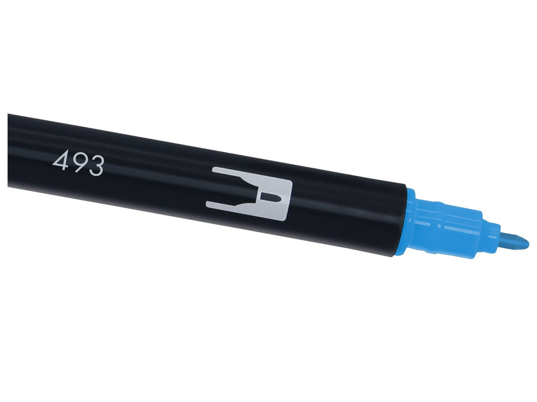 Close-up of the fine bullet tip on a Tombow ABT Dual Brush Pen in Reflex Blue (493), designed for precise lines, outlines, lettering details, journaling, illustration and creative artwork.