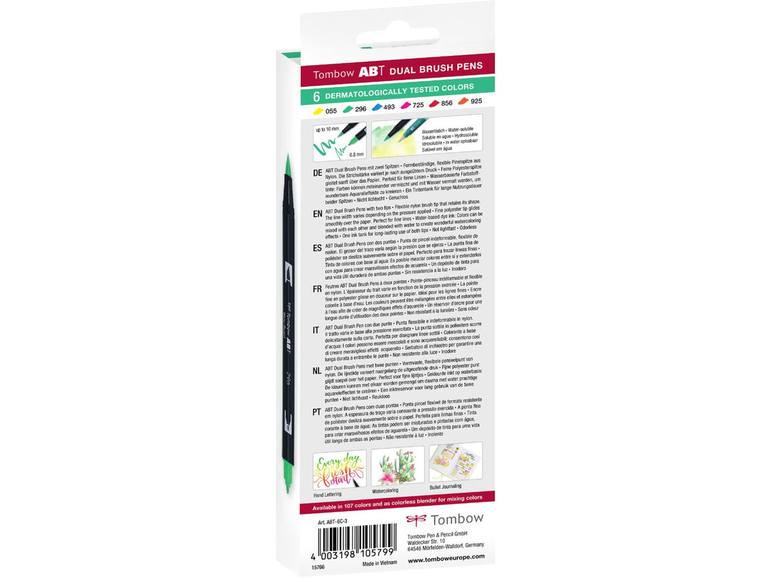 Rear of Tombow ABT Dual Brush Pen Dermatologically Tested Colours Set of 6 packaging showing the included colour assortment, dual-tip illustrations, dermatologically tested ink information, product details, creative artwork examples and barcode information.