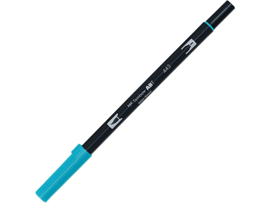 Tombow ABT Dual Brush Pen in Turquoise (443) with dual-tip design, featuring a flexible brush tip and fine bullet tip for hand lettering, illustration, colouring and watercolour-style effects