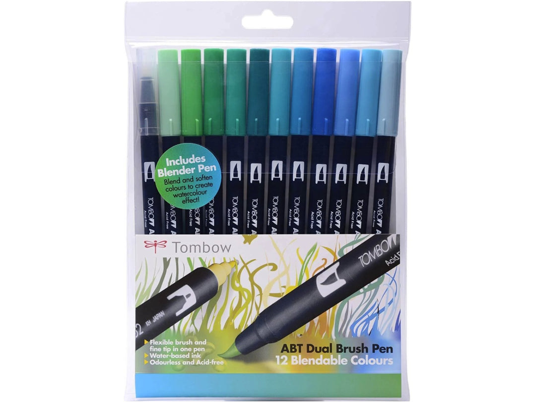 Tombow ABT Dual Brush Pen Ocean Colours Set of 12 featuring ocean-inspired blue and green brush pens, including a colourless blender pen, with dual brush and fine tips for lettering, illustration and watercolour effects