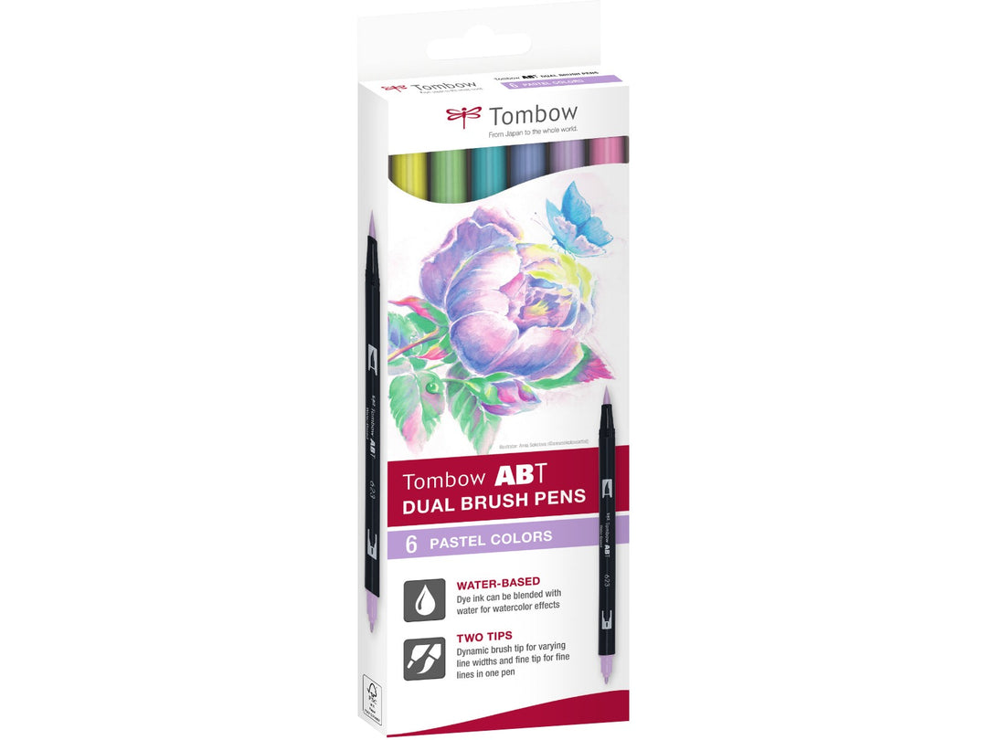 Tombow ABT Dual Brush Pen Pastel Colours Set of 6 in original retail packaging, featuring Pale Yellow (062), Mint (243), Process Blue (452), Mist Purple (553), Purple Sage (623) and Pink (723), with dual brush and fine tips for hand lettering, colouring, journaling and illustration.