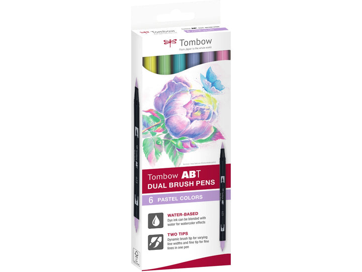 Tombow ABT Dual Brush Pen Pastel Colours Set of 6 in original retail packaging, featuring Pale Yellow (062), Mint (243), Process Blue (452), Mist Purple (553), Purple Sage (623) and Pink (723), with dual brush and fine tips for hand lettering, colouring, journaling and illustration.