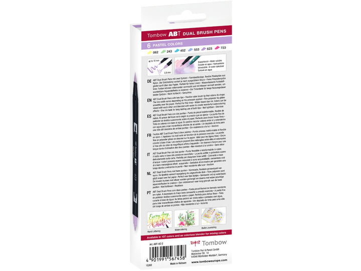 Rear of Tombow ABT Dual Brush Pen Dermatologically Tested Colours Set of 6 packaging showing colour assortment, brush and fine tip illustrations, product information, creative artwork examples and barcode details.
