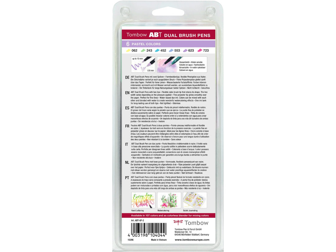 Rear of Tombow ABT Dual Brush Pen Pastel Colours Set of 6 packaging showing the included colour assortment, dual-tip illustrations, product information, creative artwork examples and barcode details.