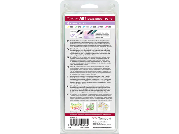 Rear of Tombow ABT Dual Brush Pen Pastel Colours Set of 6 packaging showing the included colour assortment, dual-tip illustrations, product information, creative artwork examples and barcode details.