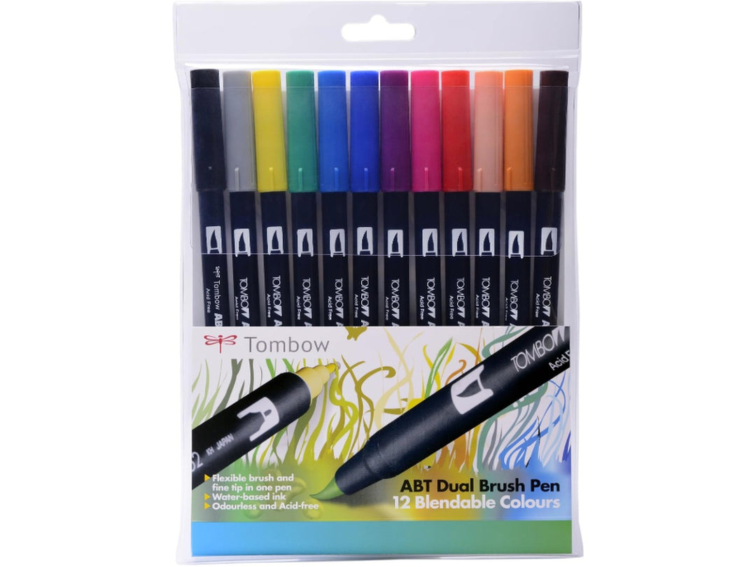 Tombow ABT Dual Brush Pen Primary Colours Set of 12 featuring Black, Cool Grey, Yellow, Green, Cyan, Ultramarine, Purple, Red, Carmine, Coral, Orange and Brown shades with dual brush and fine tips for illustration, hand lettering, colouring and creative projects.