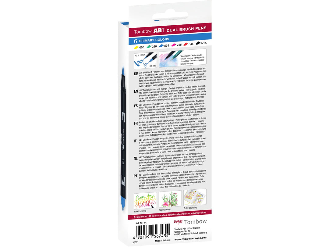 Rear of Tombow ABT Dual Brush Pen Primary Colours Set of 6 packaging showing the included colour assortment, dual-tip illustrations, product information, creative artwork examples and barcode details.