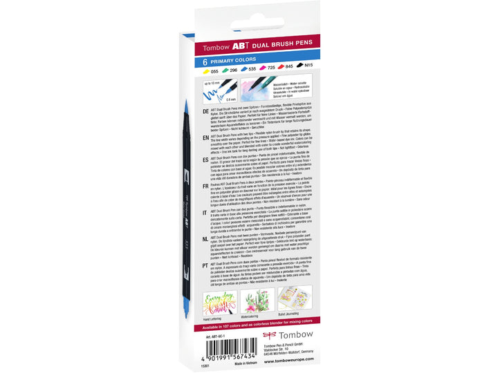 Rear of Tombow ABT Dual Brush Pen Primary Colours Set of 6 packaging showing the included colour assortment, dual-tip illustrations, product information, creative artwork examples and barcode details.