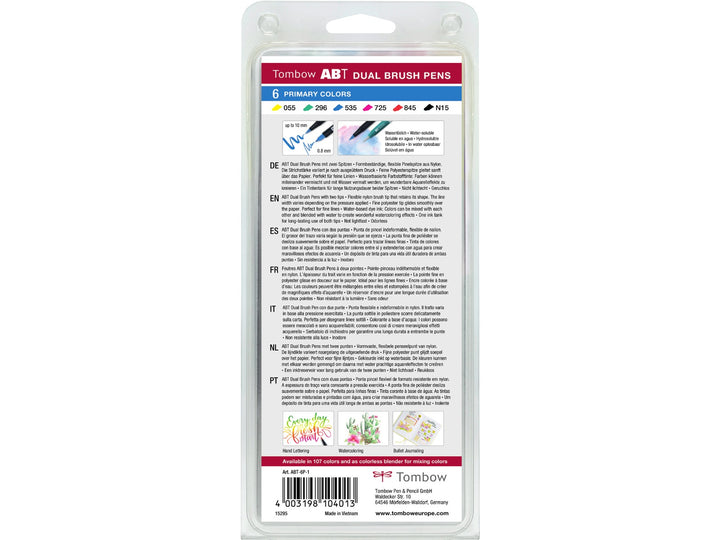 Rear of Tombow ABT Dual Brush Pen Primary Colours Set of 6 blister packaging showing the included colour assortment, dual-tip illustrations, product information, creative artwork examples and barcode details.