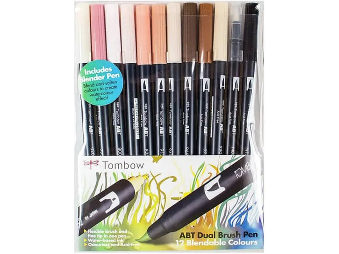Tombow ABT Dual Brush Pen Skin Tones Set of 12 featuring Peach, Blush, Baby Pink, Flesh, Coral, Pale Cherry, Tan, Chocolate, Saddle Brown and Light Sand shades, plus Black and a colourless Blender pen, with dual brush and fine tips for portrait illustration, colouring and creative projects.