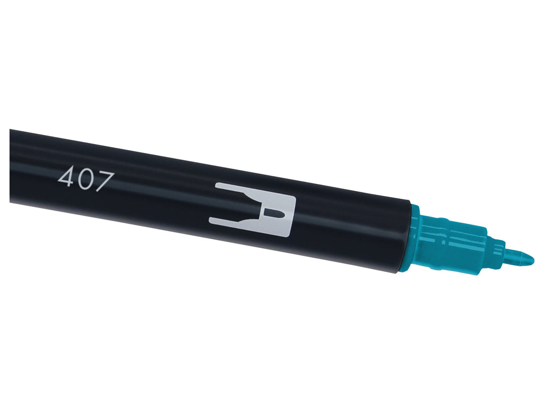 Close-up of the fine bullet tip on a Tombow ABT Dual Brush Pen in Tiki Teal (407), designed for precise lines, outlines, lettering details, journaling, illustration and creative artwork.