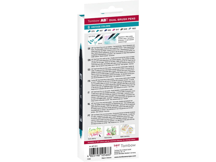 Rear of Tombow ABT Dual Brush Pen Vintage Colours Set of 6 packaging showing the included colour assortment, dual-tip illustrations, product information, creative artwork examples and barcode details.