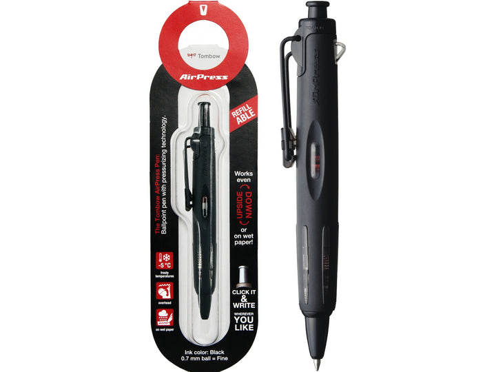 Tombow AirPress black ballpoint pen alongside retail blister packaging, supplied with black ink and refillable with Tombow BR-SF33 refills